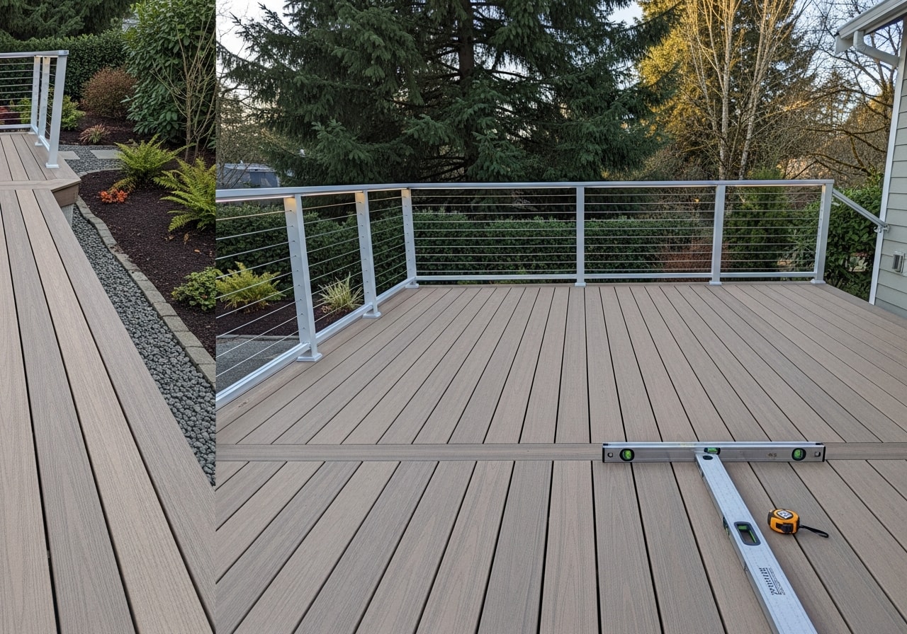 Composite Trex deck with aluminum railings and integrated post lights overlooking Salem backyard