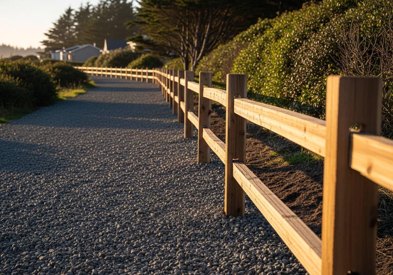 Rustic cedar split-rail fence with gravel base along Lincoln City property line