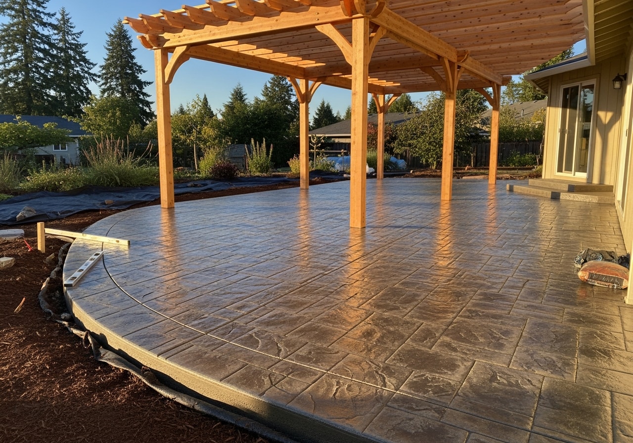 Slate-pattern stamped concrete patio with cedar pergola in Corvallis residential backyard