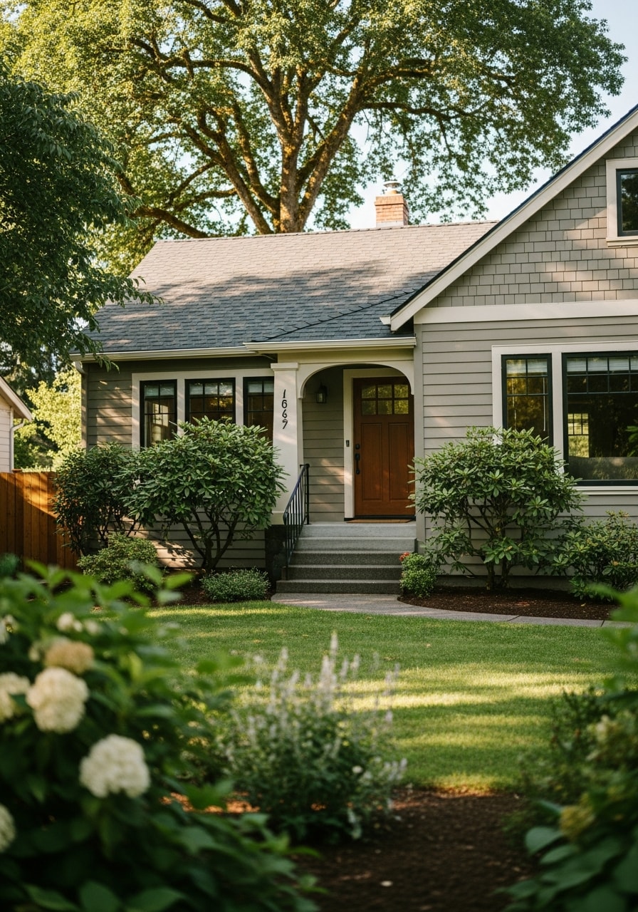 Portrait view of an established Eugene residential home with mature landscaping and a welcoming front entrance.