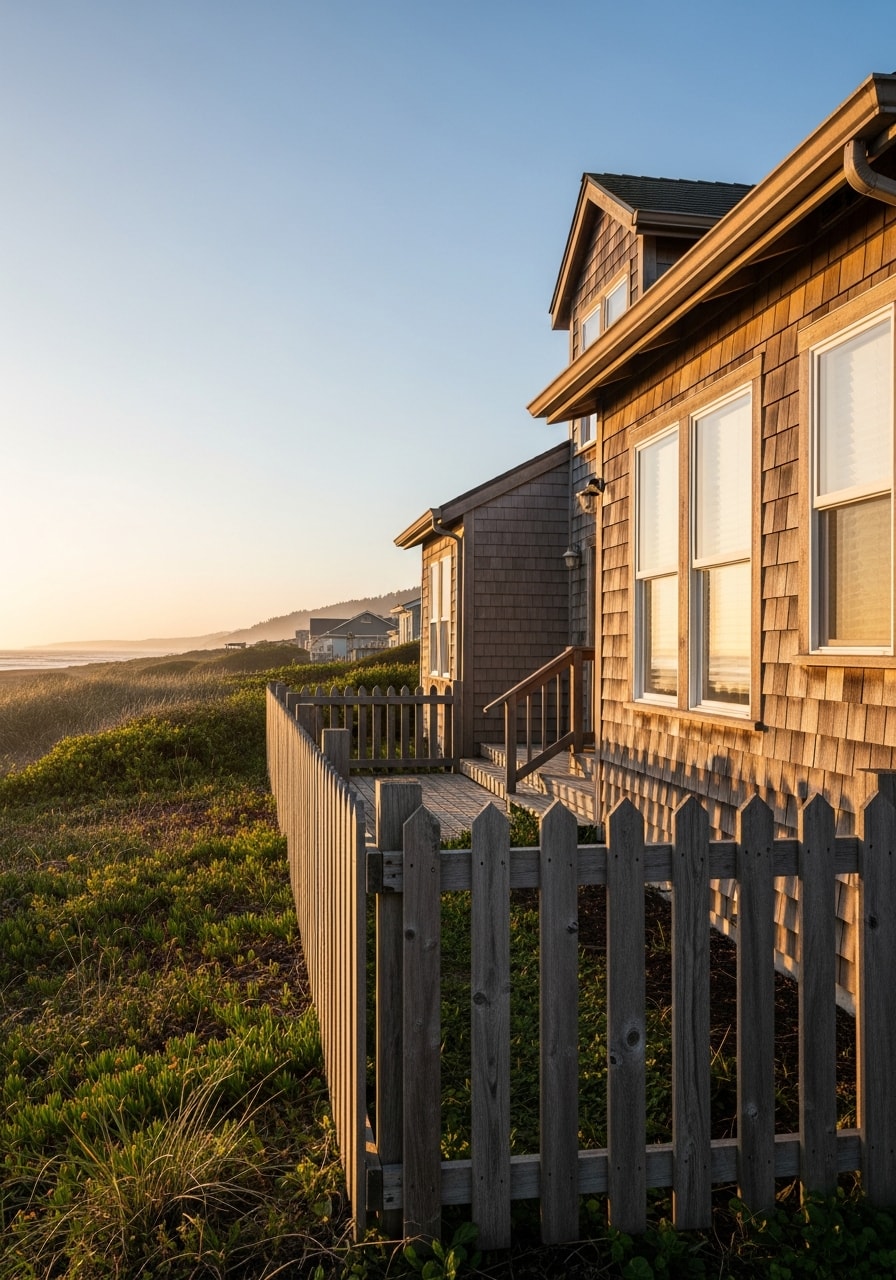 Portrait shot of a Newport coastal home with weathered character and ocean-view positioning.