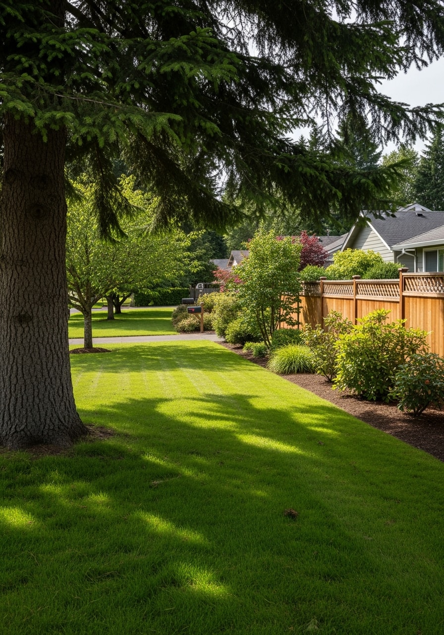 Portrait-style shot of a Salem residential neighborhood with mature trees and well-maintained homes.