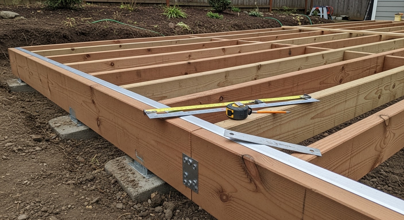 A newly built custom wood deck attached to a single-family home in McMinnville, Oregon, featuring a multi-level layout with railing and stairs leading to a backyard. The deck design reflects a practical outdoor living space suited to the Willamette Valley climate.