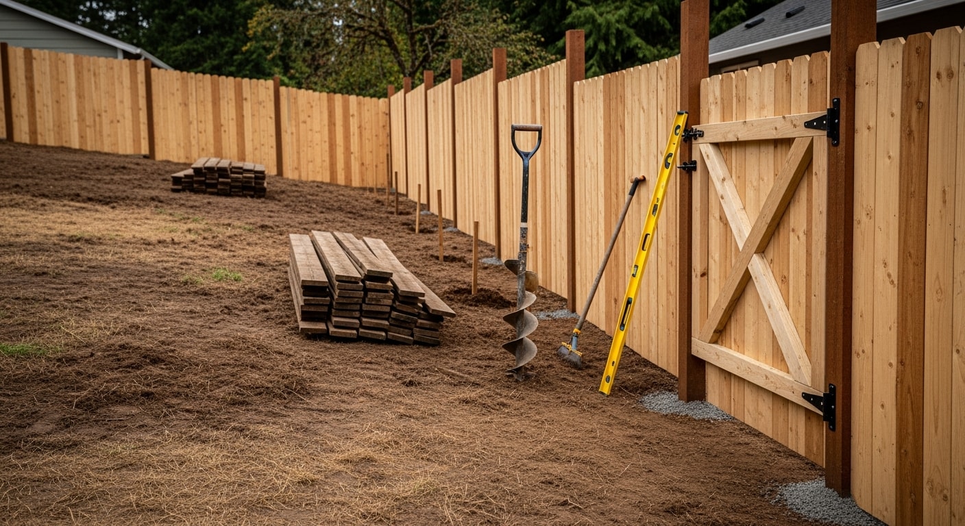 A newly installed wood privacy fence running along the rear yard of a residential property in McMinnville, Oregon, with clean vertical boards, level post tops, and a latched gate visible at the corner. The old fence materials have been cleared and the yard shows freshly disturbed soil along the post line.