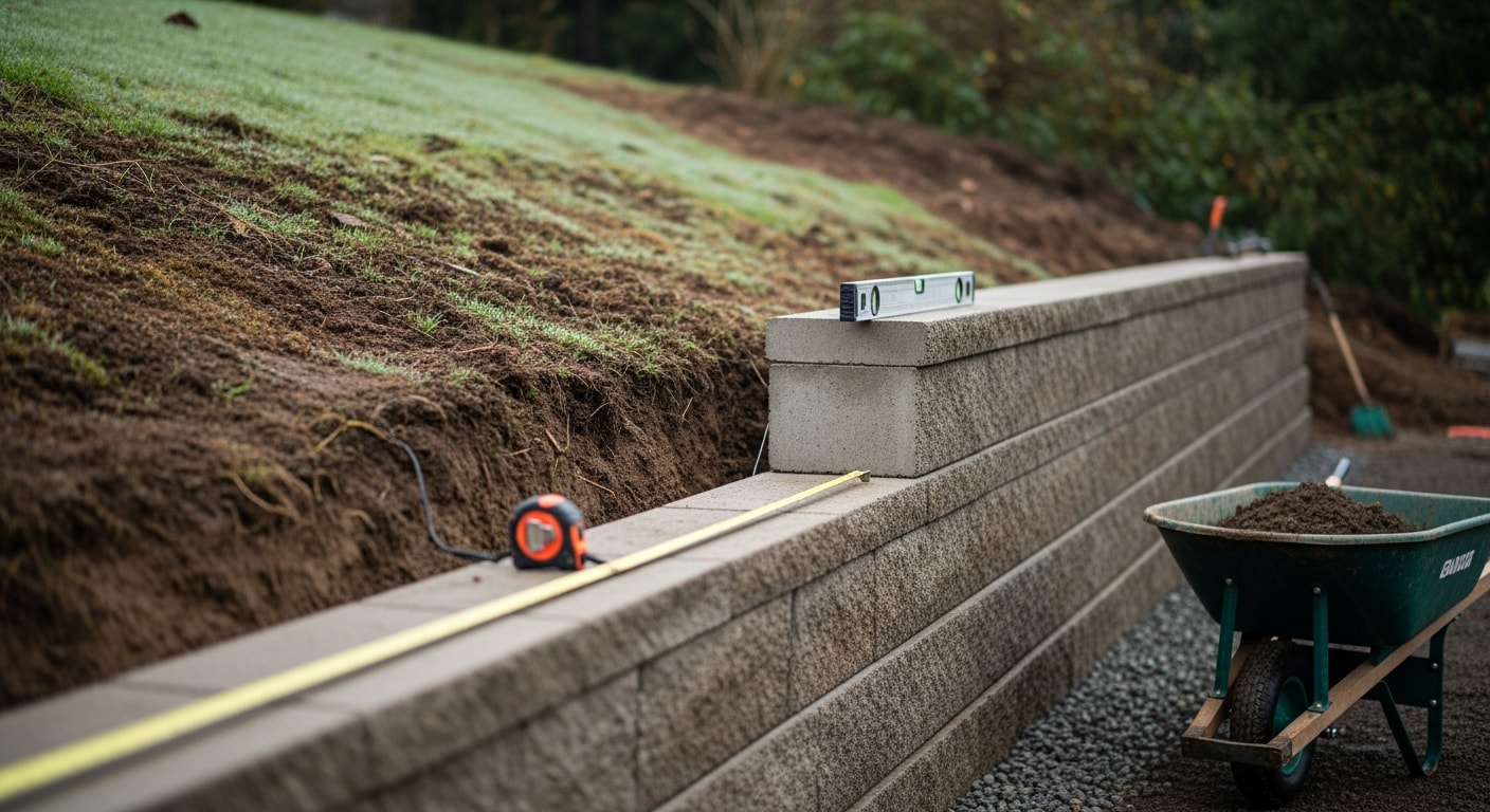 A newly constructed retaining wall on a sloped residential property in McMinnville, Oregon, with flat usable yard space created above the wall. Stacked wall courses show clean, level construction against a green hillside backdrop.